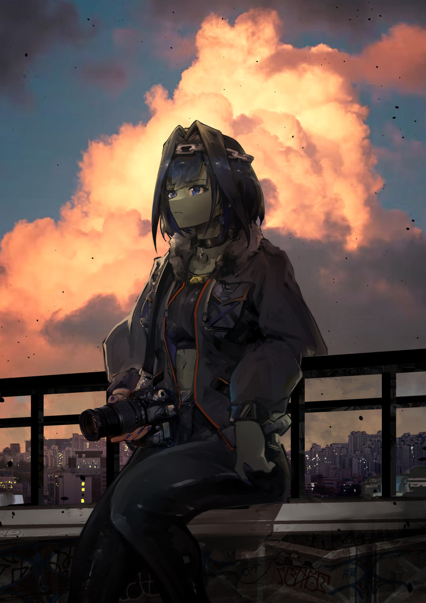 1girl absurdres camera clouds cloudy_sky highres holding holding_camera holocouncil hololive hololive_english ouro_kronii sitting sky skyline solo sunset virtual_youtuber vyragami