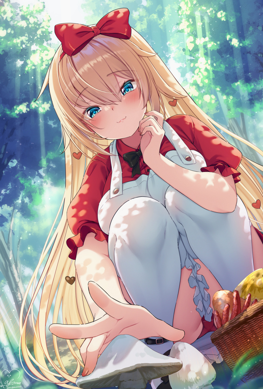 1girl akai_haato apron bangs basket black_bow black_bowtie blonde_hair blue_eyes blush bow bowtie closed_mouth commentary_request day dress dutch_angle eyebrows_visible_through_hair foreshortening forest hair_between_eyes hair_bow highres hololive long_hair looking_at_viewer magowasabi mushroom nail_polish nature outdoors panties red_bow red_dress red_nails red_panties short_sleeves signature solo squatting thigh-highs twitter_username underwear very_long_hair virtual_youtuber white_apron white_legwear
