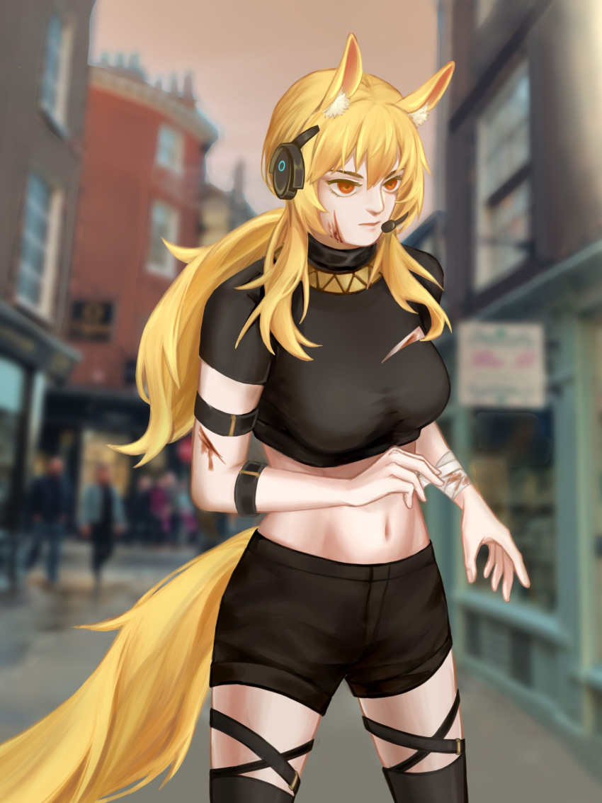 1girl absurdres animal_ear_fluff animal_ears arknights arm_strap bangs black_legwear black_shirt black_shorts blonde_hair blood blood_on_face blurry blurry_background breasts building commentary cowboy_shot crop_top hair_between_eyes headset highres large_breasts long_hair midriff navel nearl_(arknights) nearl_the_radiant_knight_(arknights) nitric_acid_(nitrate2002) orange_eyes outdoors shirt short_sleeves shorts solo_focus standing stomach tail thigh-highs