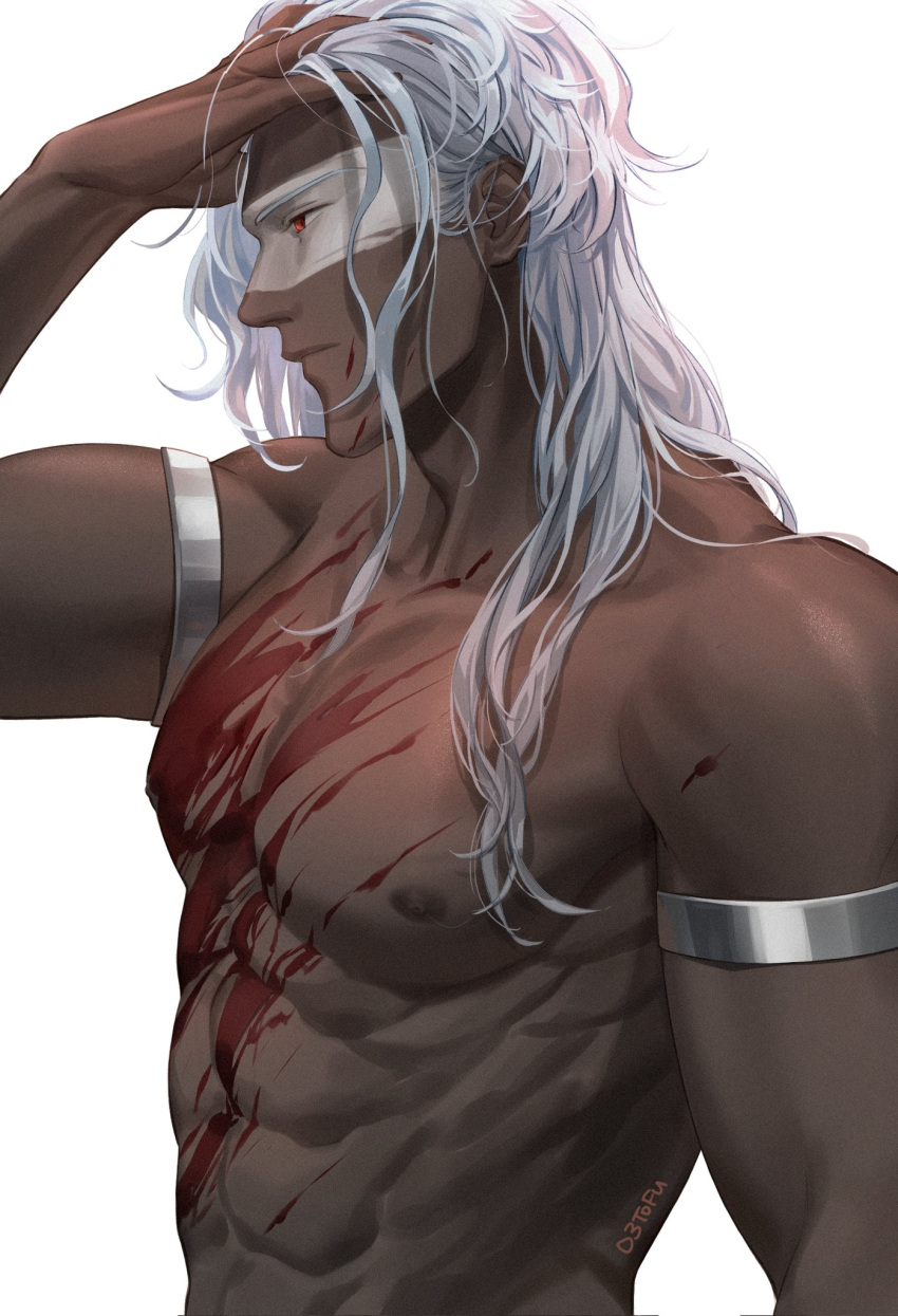 1boy abs armlet blood blood_on_face character_request closed_mouth commentary copyright_request dark_skin english_commentary from_side hand_on_own_head highres long_hair male_focus muscular muscular_male nose o3tofu red_eyes signature simple_background solo tagme white_background white_hair