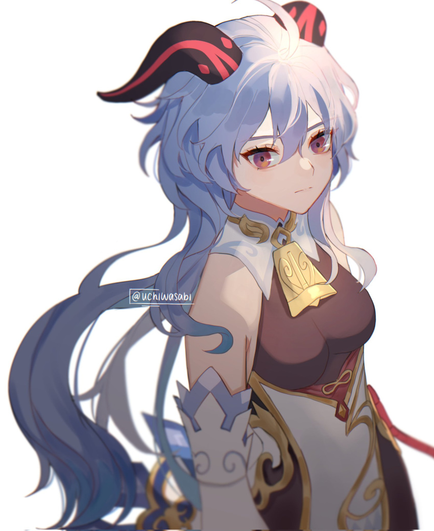 1girl ahoge artist_name bangs bare_shoulders bell blue_hair breasts cowbell detached_sleeves expressionless ganyu_(genshin_impact) genshin_impact goat_horns highres horns long_hair looking_at_viewer medium_breasts neck_bell simple_background solo tsurime twitter_username uchiwasabi upper_body violet_eyes white_background