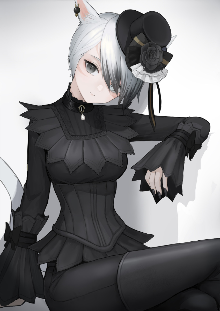 1girl animal_ears avatar_(ff14) black_footwear black_nails black_pants boots breasts cat_ears cat_tail earrings final_fantasy final_fantasy_xiv grey_eyes grey_hair hair_over_one_eye hat highres jewelry looking_at_viewer medium_breasts mihato_senba mini_hat miqo'te pants short_hair sitting slit_pupils solo tail thigh-highs thigh_boots white_background
