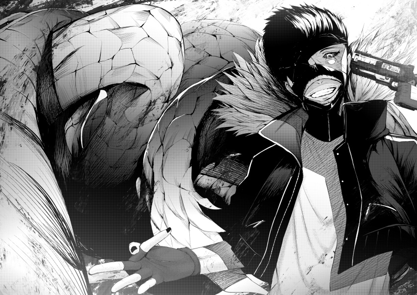 1boy apex_legends b3_wingman broken_finger colored_sclera fingerless_gloves gloves greyscale gun handgun highres holding holding_gun holding_weapon imi_(imi_o0_) jacket male_focus mask monochrome one_eye_covered parody revolver rpr scarz shirt smile solo tail tokyo_ghoul tokyo_ghoul:re weapon