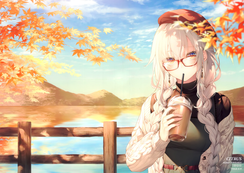 1girl absurdres autumn_leaves beret braid branch clouds cloudy_sky day drinking_straw earrings glasses hat highres holding jewelry lake long_hair mountain off_shoulder original outdoors red-framed_eyewear scan simple_background sky solo tied_hair toosaka_asagi twin_braids twintails upper_body water white_hair yellow_eyes