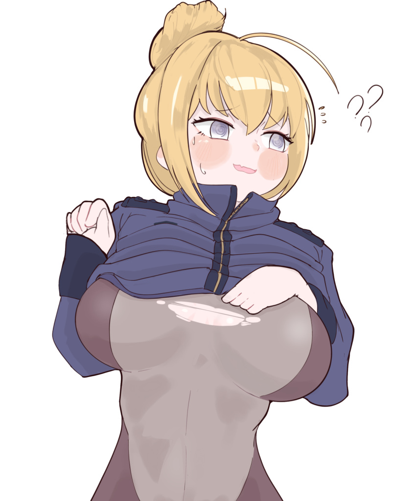 1girl ? ?? absurdres ahoge bangs blonde_hair blush bodysuit breasts embarrassed fang flying_sweatdrops habetrot_(last_origin) hair_bun hand_on_breast highres jacket_pull large_breasts last_origin looking_away looking_to_the_side open_mouth simple_background skin_fang sleeves_past_wrists smile solo taeseok.10jeong torn_bodysuit torn_clothes white_background