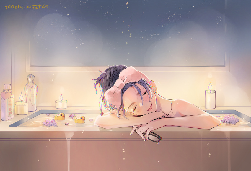 1girl bathing bathtub blush candle closed_eyes dated eyewear_removed kintotomaturi kson nude real_life rubber_duck solo thick_eyebrows towel towel_on_head