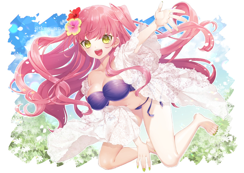 1girl bikini breasts day fingernails flower green_nails hair_flower hair_ornament large_breasts long_hair looking_at_viewer mei_(takamiya_ren) nail_polish navel original pink_hair purple_bikini smile solo swimsuit takamiya_ren toenail_polish toenails twintails twitter_username yellow_eyes