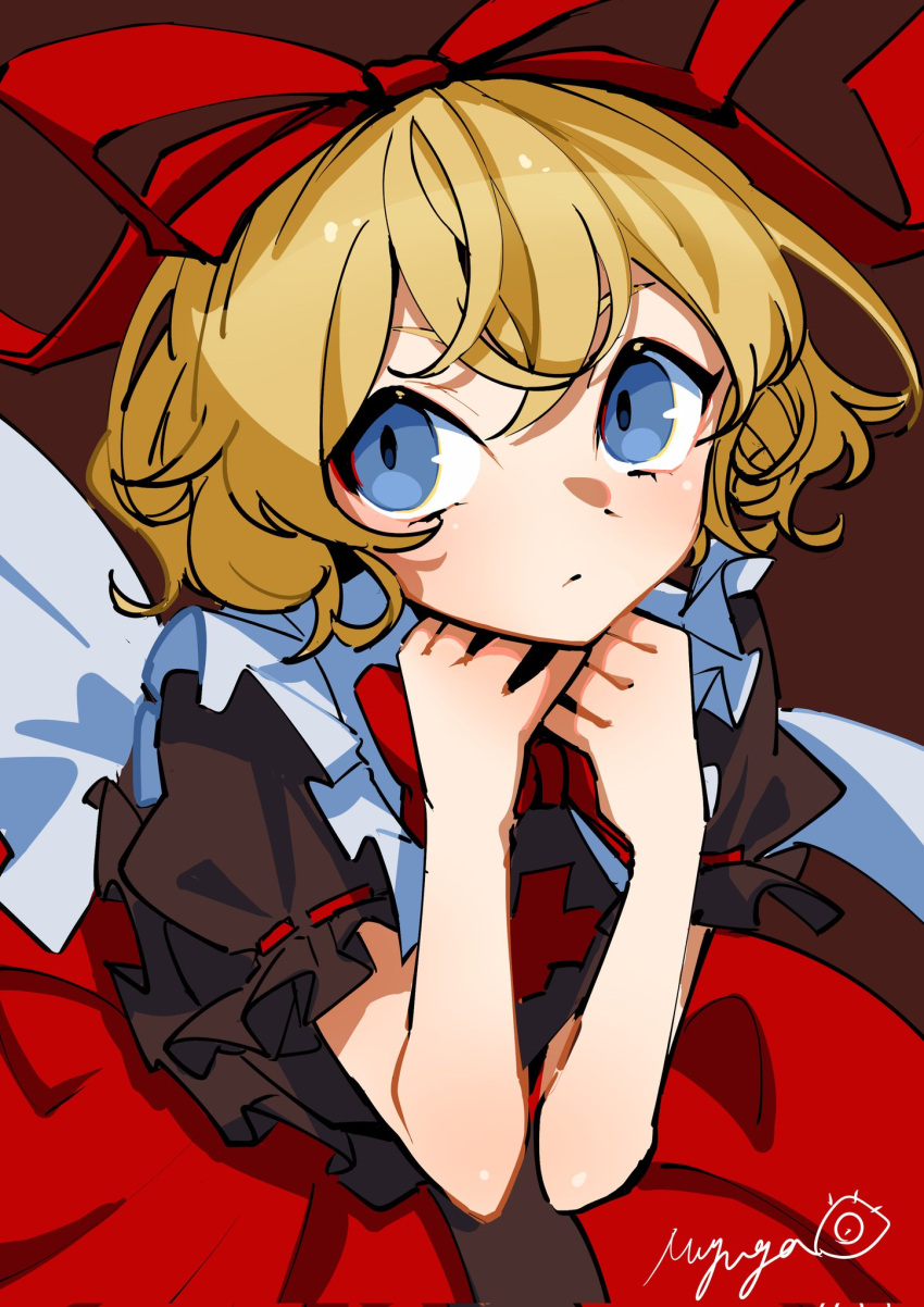 1girl blonde_hair blue_eyes bow bubble_skirt doll frilled_shirt frilled_shirt_collar frilled_sleeves frills hair_between_eyes highres looking_to_the_side medicine_melancholy myuga66666 one-hour_drawing_challenge puffy_short_sleeves puffy_sleeves red_bow red_neckwear red_ribbon ribbon shirt short_hair short_sleeves skirt solo touhou wavy_hair youkai