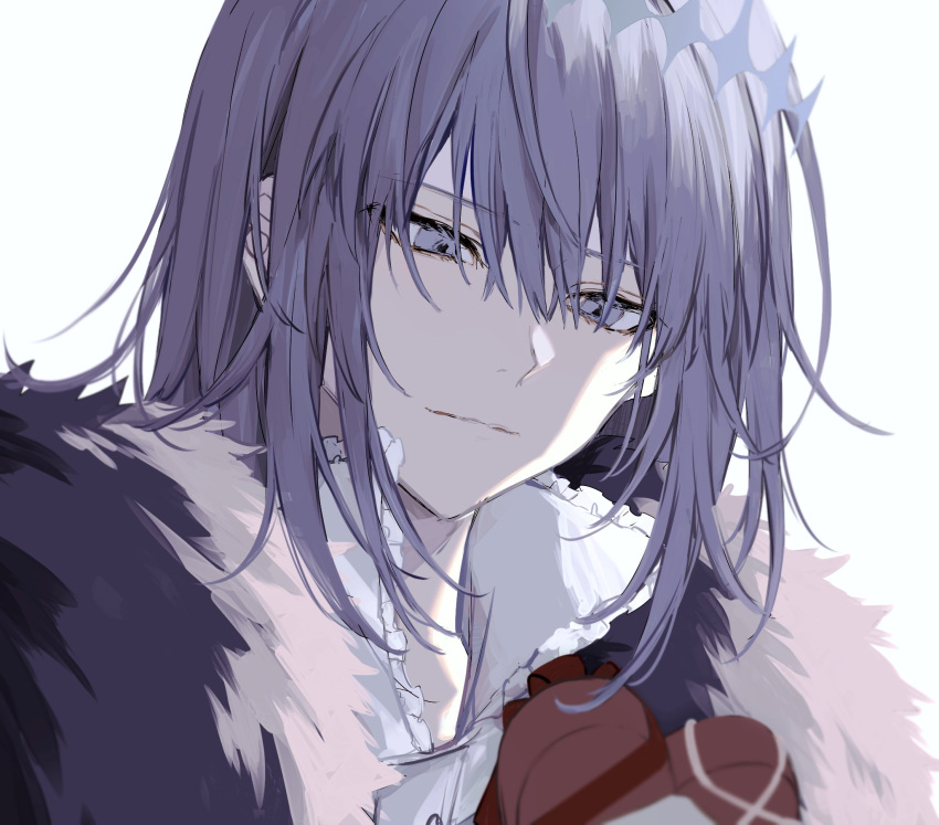 1boy bangs box cape closed_mouth crown diamond_hairband eyebrows_visible_through_hair fate/grand_order fate_(series) food fur-trimmed_cape fur_trim gift heart-shaped_box highres holding holding_food light_smile lightning_hair long_hair long_sleeves male_focus nozz177 oberon_(fate) simple_background smile solo valentine