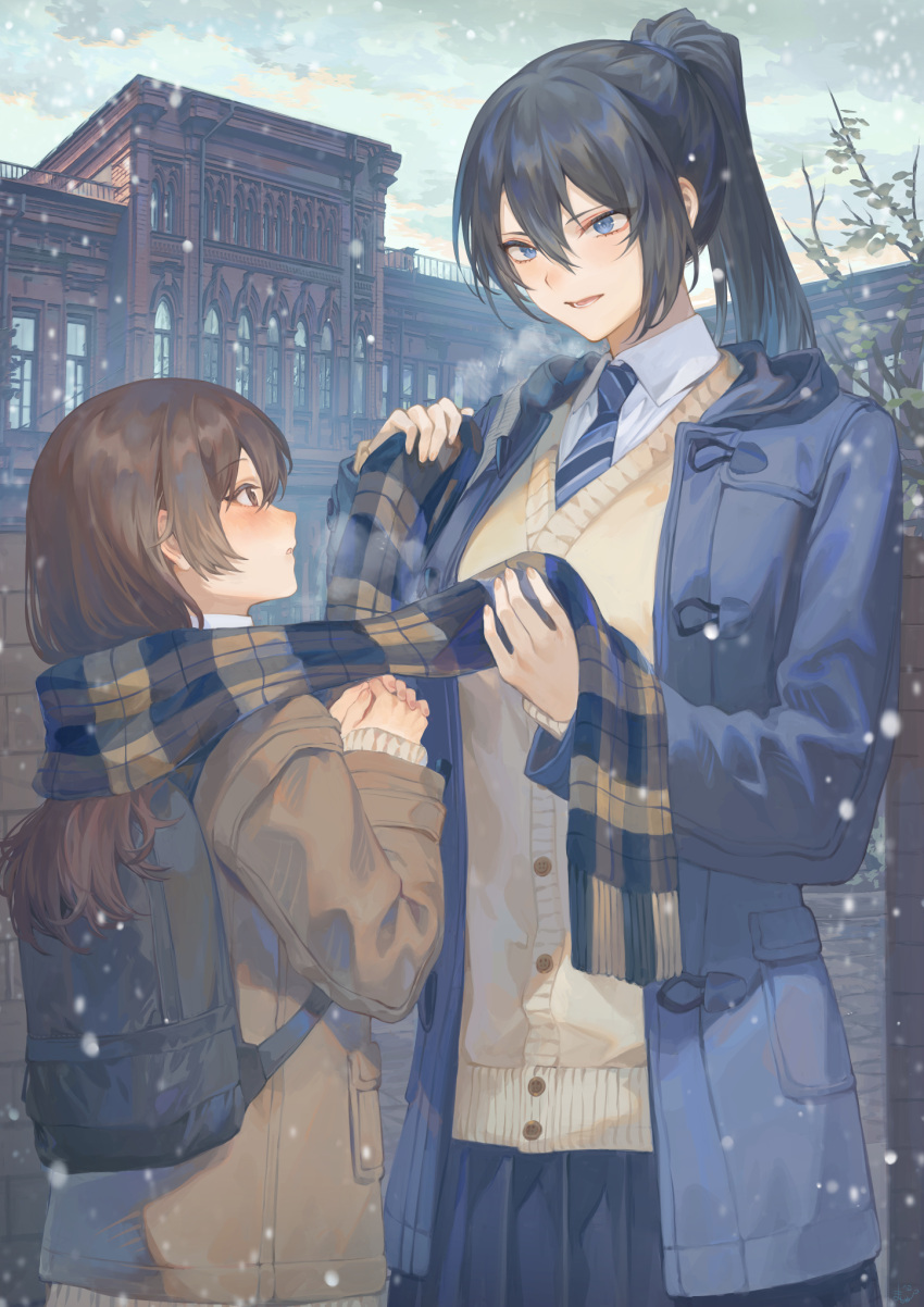 2girls backpack bag bangs black_bag black_hair blue_coat blue_eyes blue_necktie blue_skirt blush brown_coat brown_eyes brown_hair cardigan coat collared_shirt commentary_request cowboy_shot hair_between_eyes highres long_hair looking_at_another mashuu_(neko_no_oyashiro) multiple_girls necktie oomikado_itsuki open_clothes open_coat open_mouth original outdoors own_hands_together plaid plaid_scarf pleated_skirt ponytail scarf school_uniform shirt skirt snow snowing striped striped_necktie white_shirt yellow_cardigan yuri