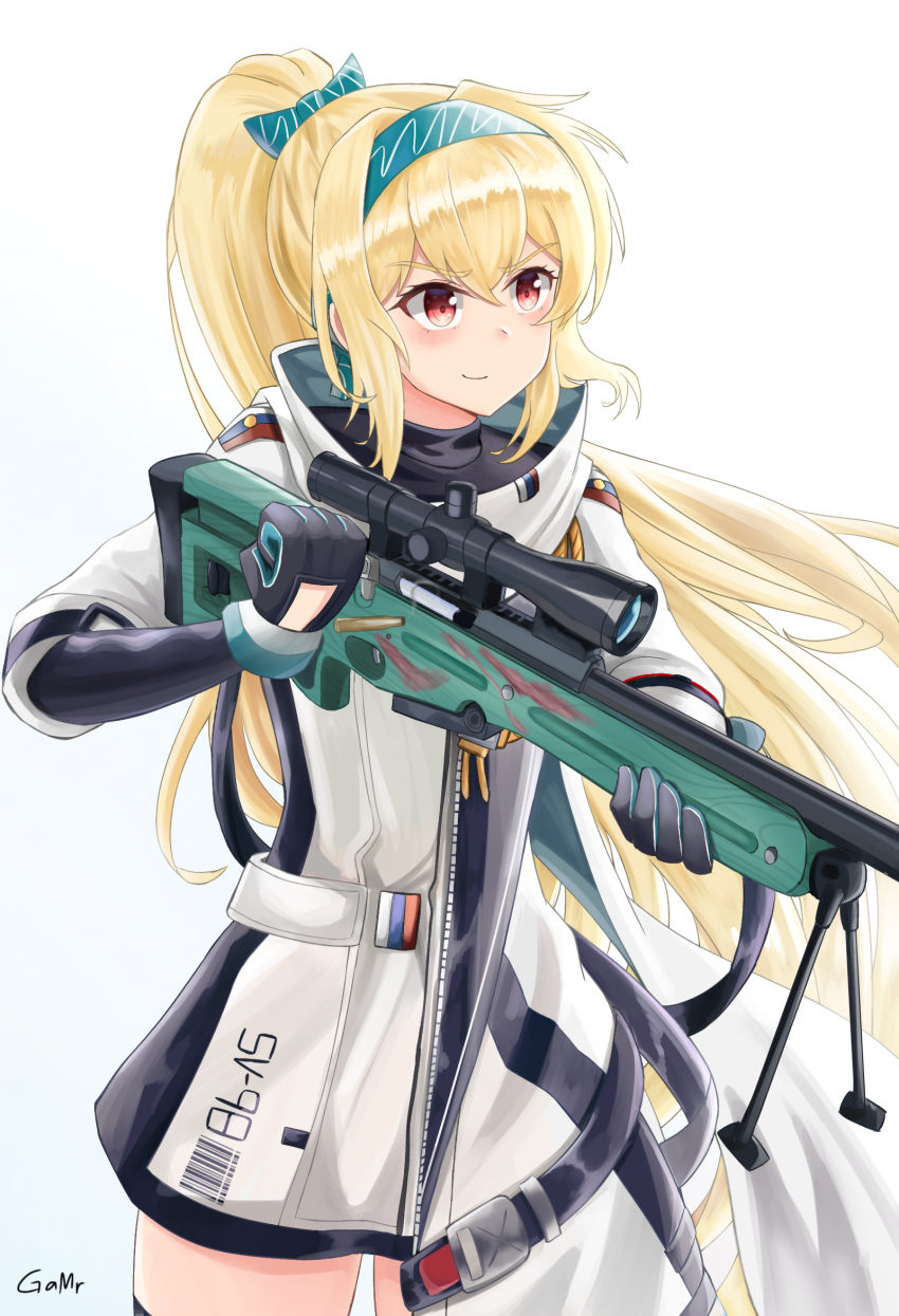 1girl artist_name black_bodysuit blonde_hair bodysuit bolt_action bow eyebrows_visible_through_hair gamryous girls_frontline gloves green_hairband gun hair_bow hairband highres jacket long_hair mod3_(girls'_frontline) multicolored_clothes multicolored_gloves ponytail red_eyes rifle russian_flag scarf smile solo sv-98 sv-98_(girls'_frontline) thigh-highs turtleneck weapon white_jacket white_scarf