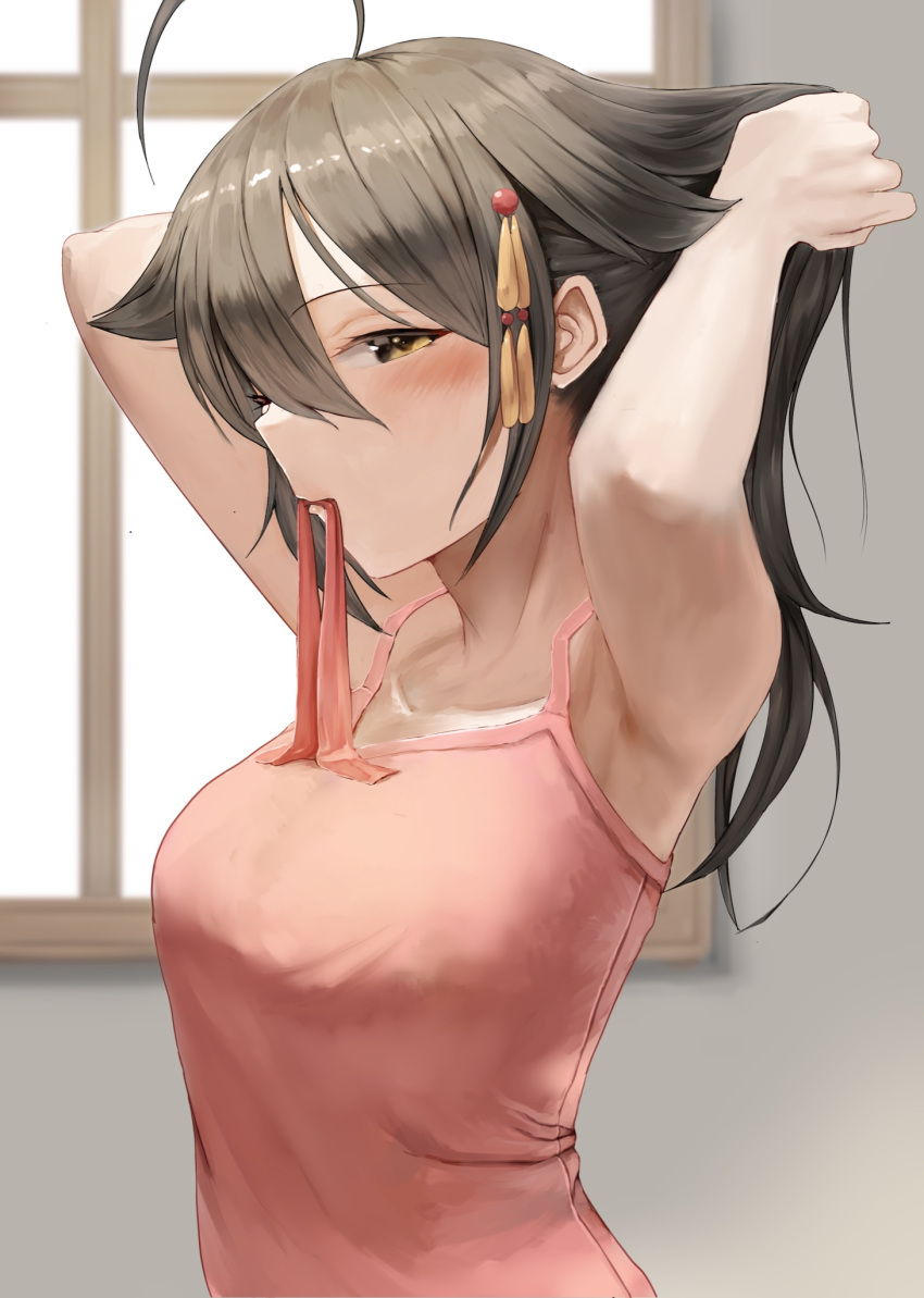 1girl ahoge alternate_costume arms_behind_head arms_up breasts brown_eyes camisole hair_down hair_flaps hair_ornament highres honmakaina_kudou kantai_collection mouth_hold pink_camisole shigure_(kancolle) shigure_kai_ni_(kancolle) small_breasts solo spaghetti_strap upper_body