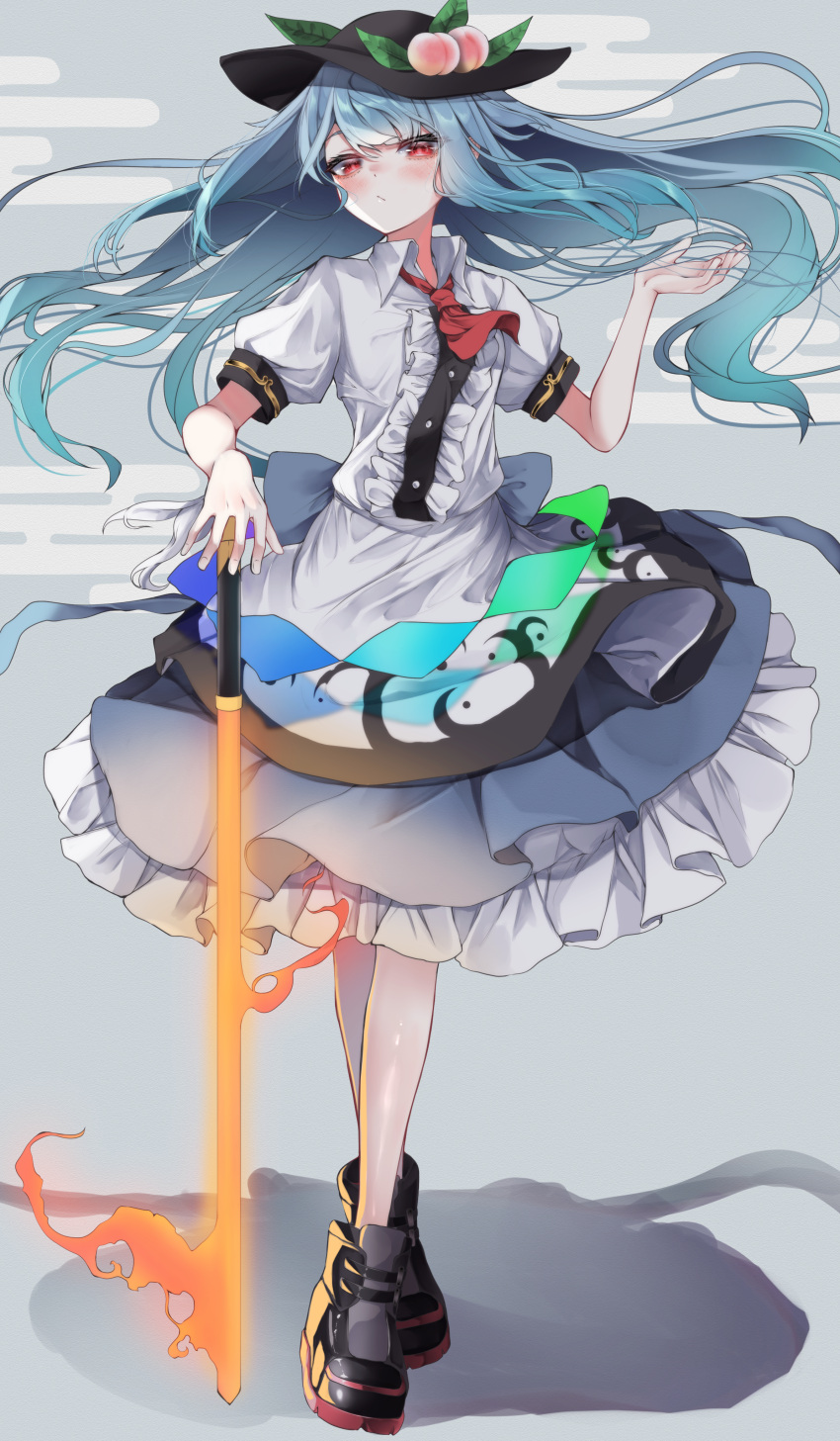 1girl :/ absurdres ascot bangs black_headwear blue_hair blue_skirt blush boots center_frills closed_mouth eyebrows_behind_hair flaming_sword flaming_weapon floating_hair frills full_body grey_background hand_up hat highres hinanawi_tenshi long_hair looking_at_viewer peach_hat_ornament petticoat puffy_short_sleeves puffy_sleeves red_ascot red_eyes shirt short_sleeves simple_background skirt solo standing sword_of_hisou touhou tsune_(tune) very_long_hair white_shirt wing_collar