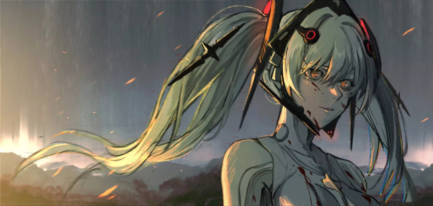 1girl aqua_hair artist_request bangs blood blood_on_clothes blood_on_face floating_hair glitch hair_between_eyes headgear highres long_hair looking_at_viewer luna_(punishing:_gray_raven) mountainous_horizon orange_eyes outdoors parted_lips punishing:_gray_raven sleeveless solo source_request sunlight twintails upper_body