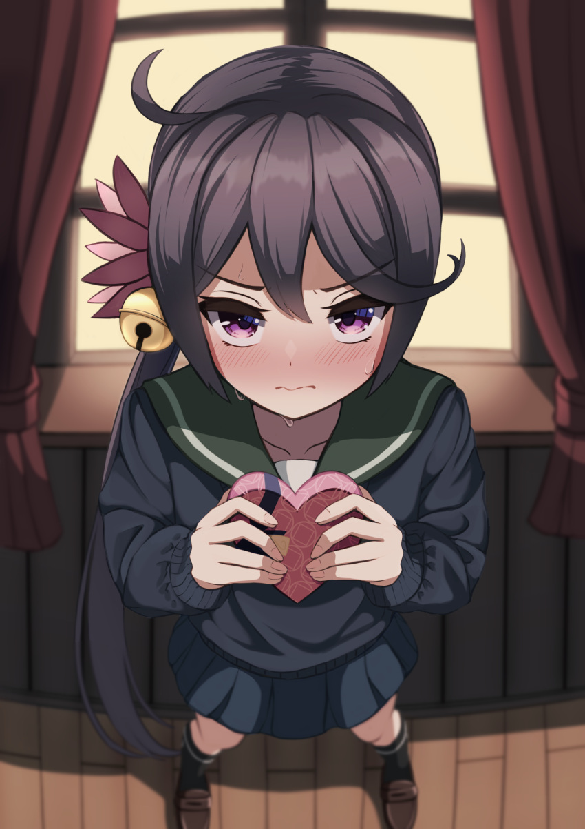 1girl akebono_(kancolle) bell black_legwear blue_skirt blush box brown_footwear closed_mouth collarbone curtains eyebrows_visible_through_hair flower from_above gift gift_box hair_bell hair_between_eyes hair_flower hair_ornament heart-shaped_box highres holding holding_gift jingle_bell kantai_collection kneehighs loafers long_hair long_sleeves pink_flower pleated_skirt purple_hair shoes side_ponytail skirt solo totoraisu valentine violet_eyes wavy_hair window