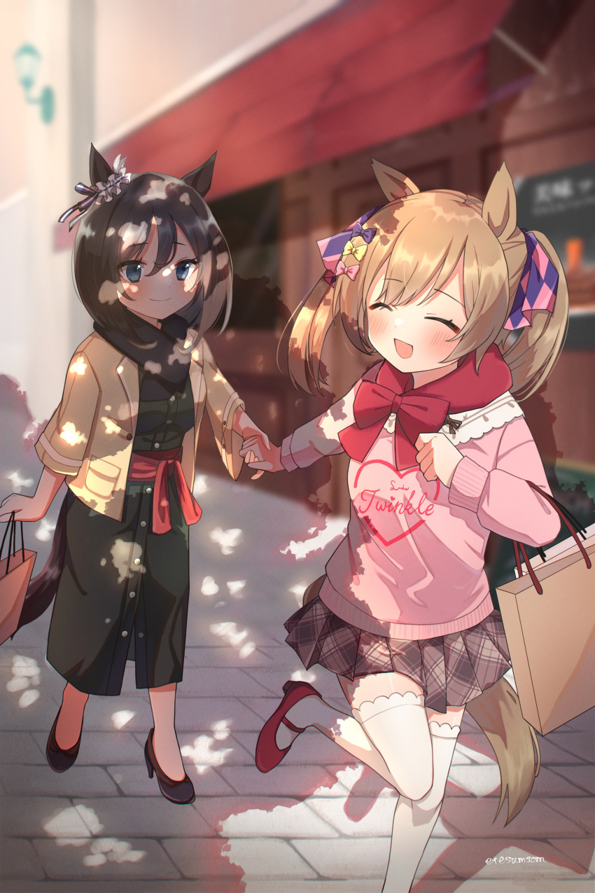 2girls :d ^_^ absurdres animal_ears bag bangs black_dress black_footwear black_hair black_scarf blue_eyes blurry blurry_background blush bow breasts brown_hair brown_jacket closed_eyes closed_mouth commentary_request day depth_of_field dress eishin_flash_(umamusume) etesumsom eyebrows_visible_through_hair grey_skirt hair_between_eyes hair_bow high_heels highres holding holding_bag holding_hands horse_ears horse_girl horse_tail jacket looking_at_viewer medium_breasts multiple_girls open_clothes open_jacket outdoors paper_bag pink_bow pink_shirt plaid plaid_skirt pleated_skirt purple_bow red_footwear scarf shirt shoes shopping_bag skirt smart_falcon_(umamusume) smile tail thigh-highs twintails umamusume white_legwear yellow_bow