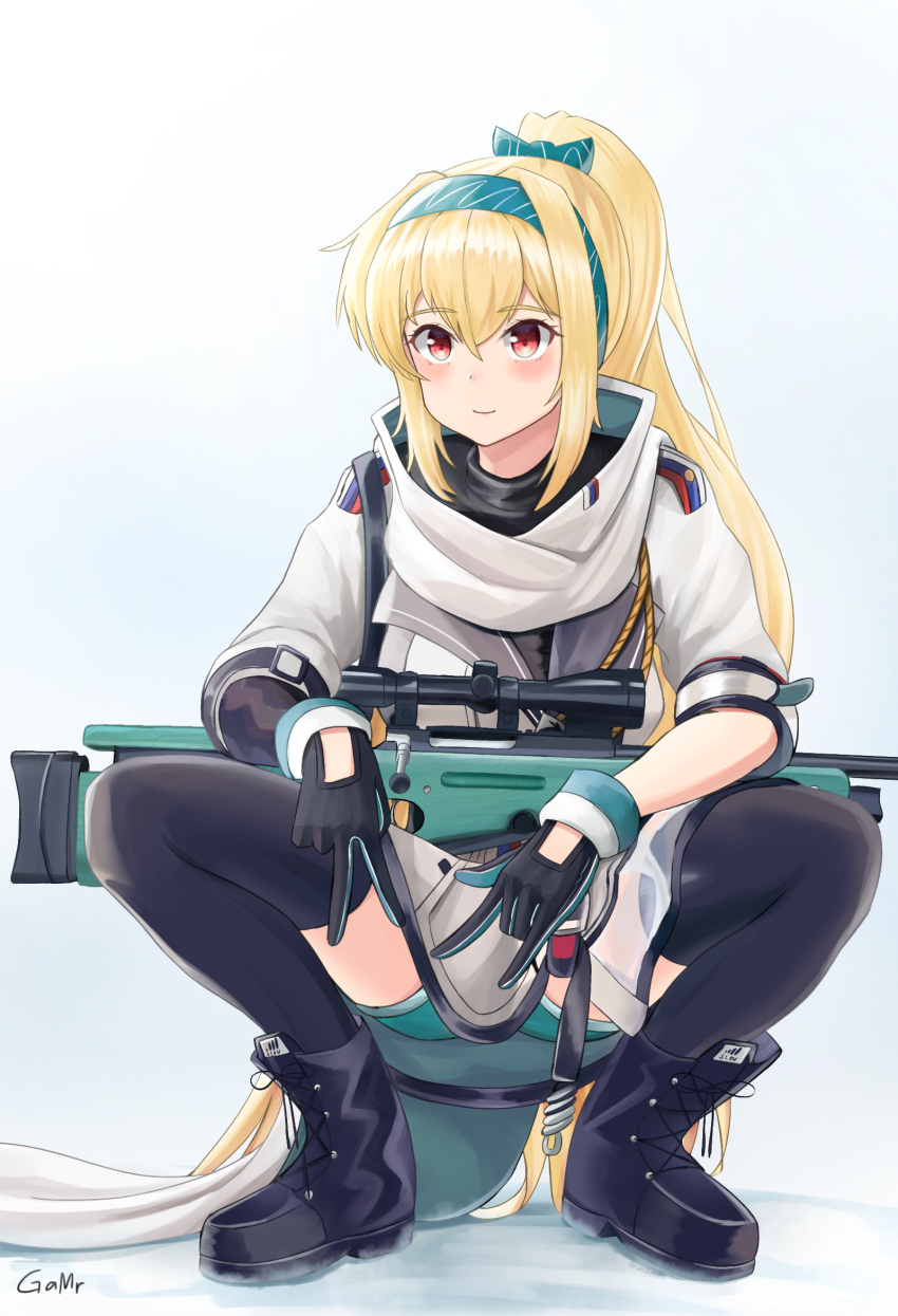 1girl artist_name black_bodysuit blonde_hair bodysuit bolt_action boots bow eyebrows_visible_through_hair gamryous girls_frontline gloves green_hairband gun hair_bow hairband highres jacket long_hair looking_at_viewer mod3_(girls'_frontline) multicolored_clothes multicolored_gloves ponytail red_eyes rifle russian_flag scarf slav_squatting solo sv-98 sv-98_(girls'_frontline) thigh-highs turtleneck v weapon white_jacket white_scarf