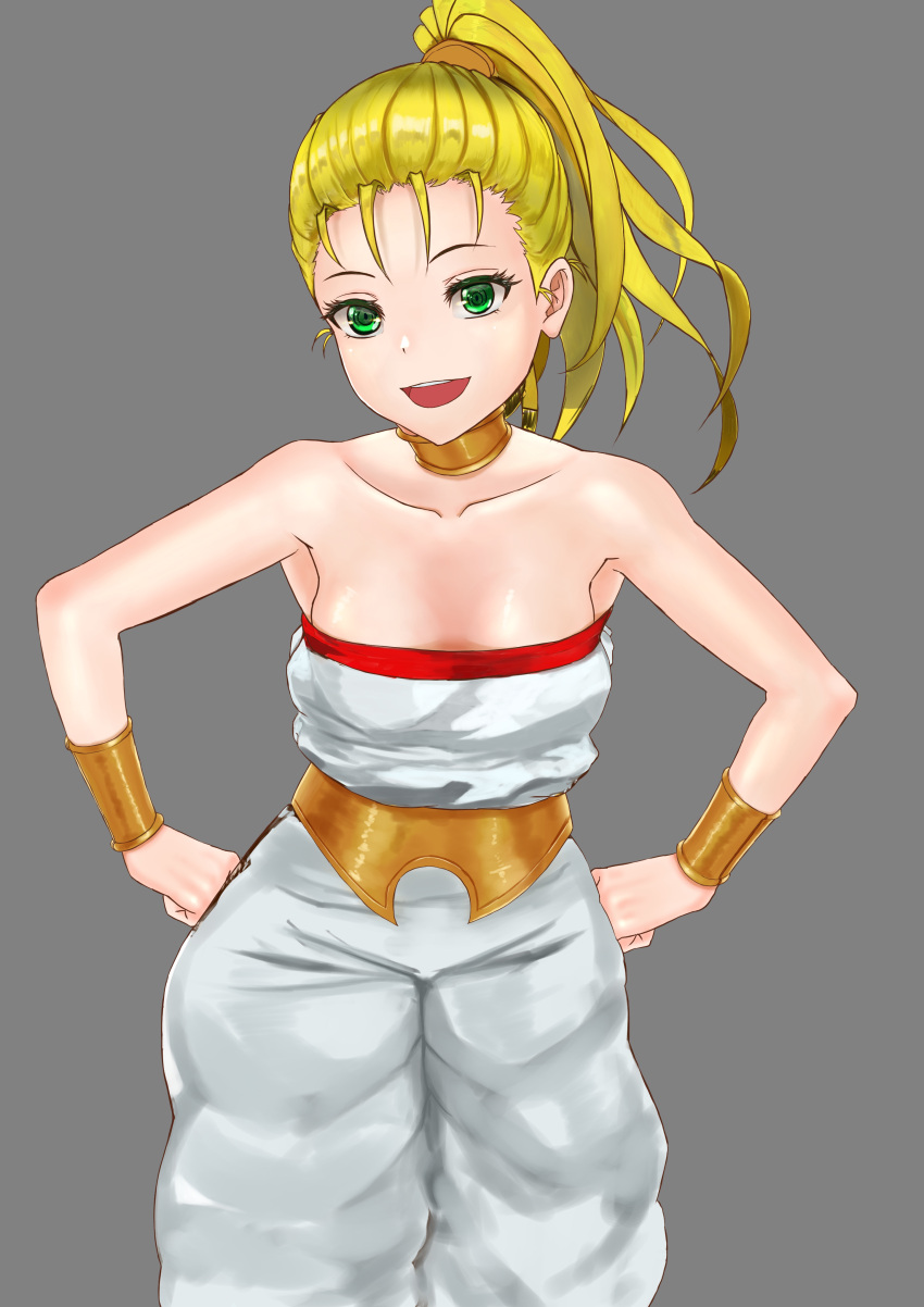 1girl absurdres blonde_hair breasts choker chrono_trigger clenched_hands gario_zephyr green_eyes hands_on_hips highres jewelry long_hair looking_at_viewer marle_(chrono_trigger) open_mouth ponytail simple_background smile solo