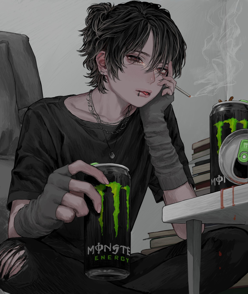 1boy androgynous black_hair book can cigarette energy_drink eyebrows_visible_through_hair hair_ornament highres lip_piercing looking_at_viewer monster_energy open_mouth original piercing shirt sitting solo tayumeru