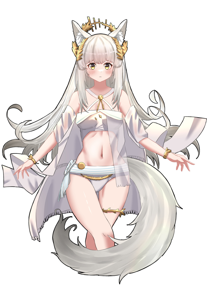 1girl absurdres animal_ears arknights bandeau bangs bare_shoulders bikini blush chewycandy commentary criss-cross_halter halterneck highres laurel_crown long_hair looking_at_viewer navel platinum_(arknights) platinum_(shimmering_dew)_(arknights) silver_hair simple_background solo standing stomach swimsuit tail thighs very_long_hair white_background white_bikini yellow_eyes