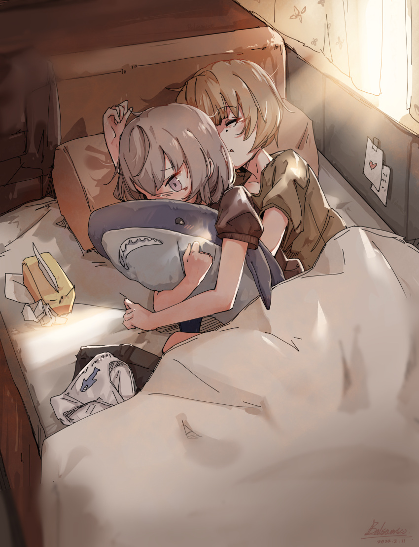 2girls absurdres balsamico_su blonde_hair blush girls_frontline grey_eyes grey_hair highres lying m200_(girls'_frontline) mg338_(girls'_frontline) mole mole_under_eye multiple_girls object_hug on_bed panties panties_removed short_hair sleeping stuffed_animal stuffed_shark stuffed_toy sunlight tissue_box underwear yuri