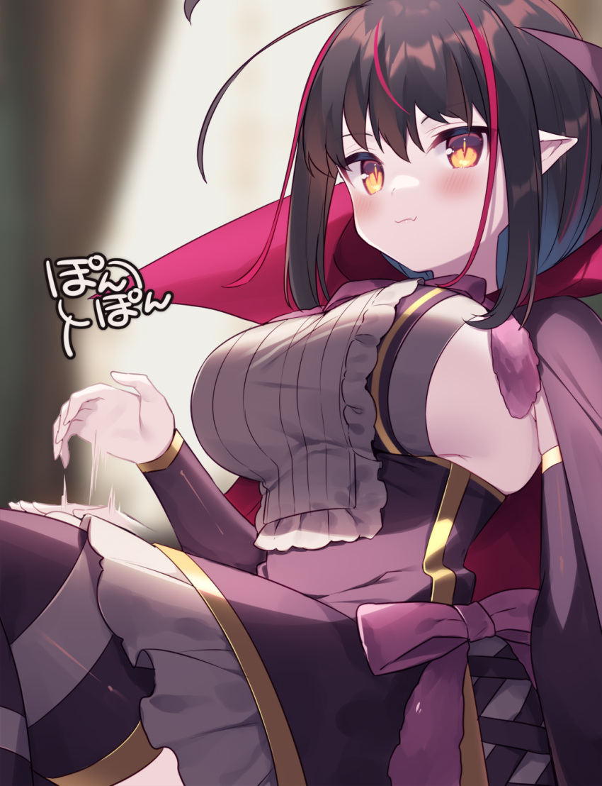 1girl black_hair blush breasts commentary_request detached_sleeves fang flower_knight_girl highres karaitosou_(flower_knight_girl) large_breasts long_sleeves looking_at_viewer looking_down multicolored_hair patting_lap pointy_ears redhead sideboob skin_fang solo streaked_hair usamata yellow_eyes