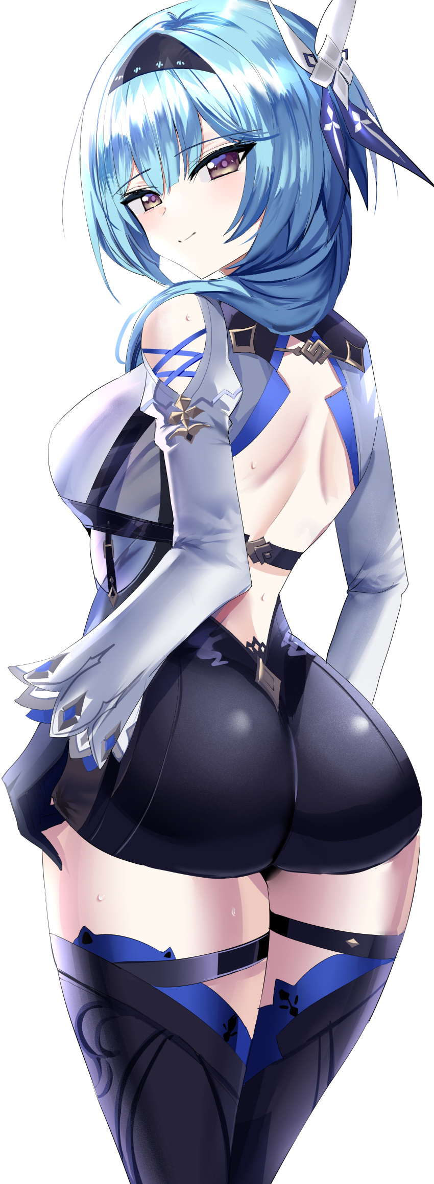 1girl absurdres ass back back_cutout bangs black_gloves black_hairband black_legwear blue_hair blush breasts closed_mouth clothing_cutout cowboy_shot eula_(genshin_impact) genshin_impact gloves gradient_eyes hair_ornament hairband hanasaka_houcha highres large_breasts leotard long_sleeves looking_at_viewer looking_back medium_hair multicolored_eyes sidelocks smile solo sweat thigh-highs thigh_strap thighs violet_eyes yellow_eyes