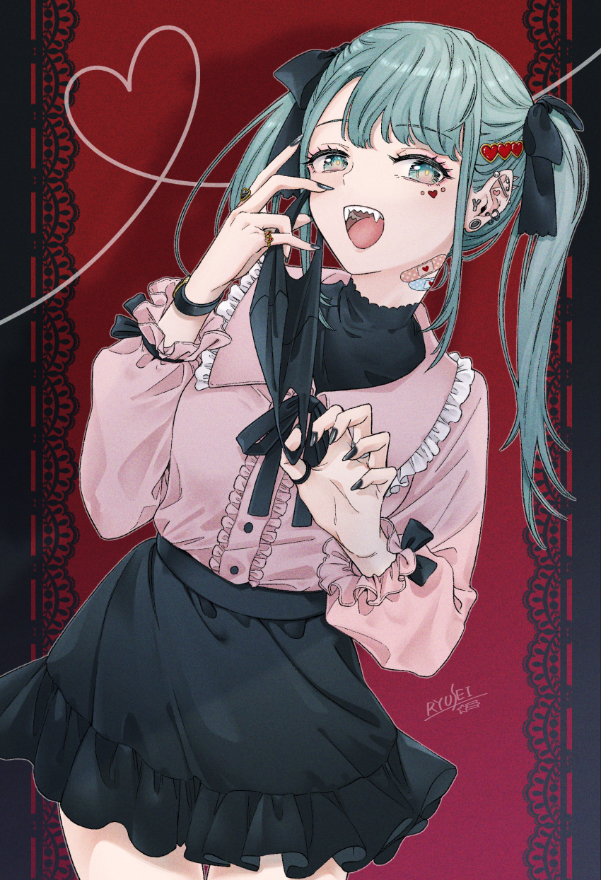 1girl absurdres artist_name bandaid bandaid_on_neck bangs black_nails black_ribbon black_shirt blue_hair center_frills cowboy_shot ear_piercing fangs frills green_eyes hair_ornament hatsune_miku highres jewelry long_hair long_sleeves looking_at_viewer mask mask_pull miniskirt mouth_mask multiple_rings neck_ribbon open_mouth piercing pink_shirt plug_(piercing) puzzle157xxx ribbon ring sharp_teeth shirt shirt_tucked_in skirt solo teeth tongue turtleneck twintails vampire_(vocaloid) vocaloid watch watch