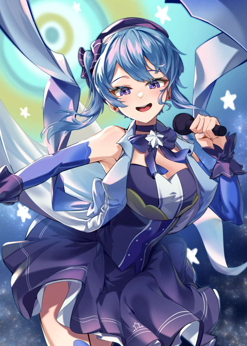 1girl absurdres asymmetrical_hair bangs bare_shoulders blue_hair blue_nails blue_sleeves bow choker detached_sleeves dress eyebrows_visible_through_hair gawuiiiaguiii hair_between_eyes highres holding holding_microphone hololive hoshimachi_suisei leaning_forward long_hair long_sleeves looking_at_viewer microphone music open_clothes open_mouth open_vest petticoat purple_bow purple_choker purple_dress purple_headwear singing smile solo star_(sky) star_(symbol) star_in_eye symbol_in_eye vest violet_eyes virtual_youtuber white_bow white_vest