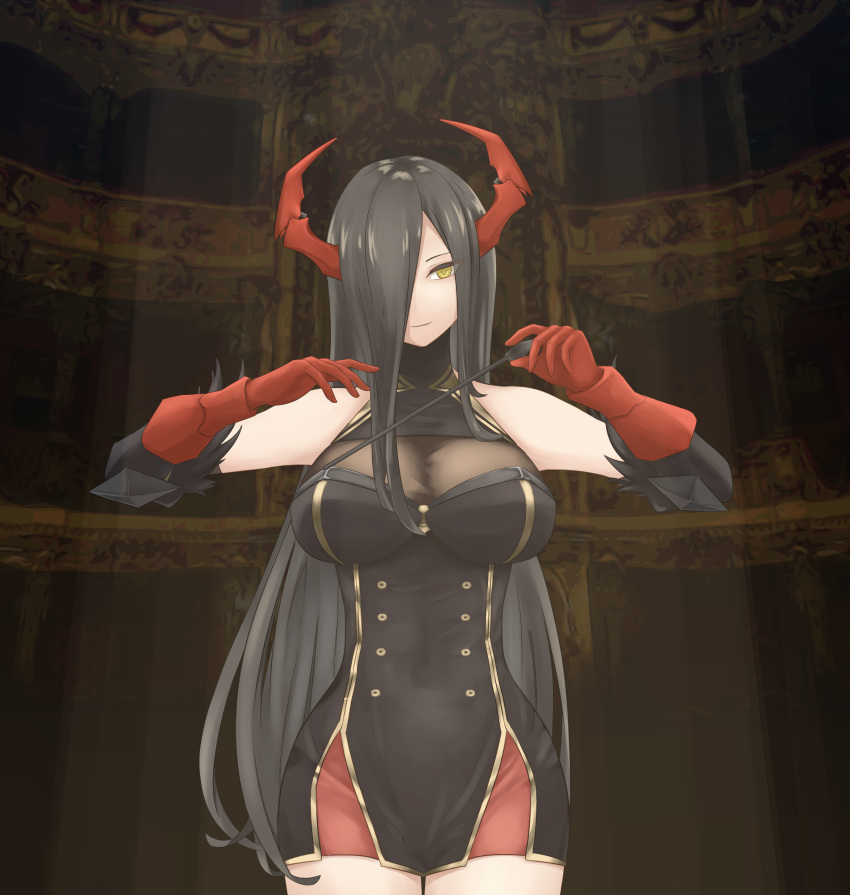 1girl absurdres azur_lane bare_shoulders black_dress black_hair breasts buttons cleavage_cutout clothing_cutout double-breasted dress eyes_visible_through_hair friedrich_der_grosse_(azur_lane) gloves gold_trim hamahama109104 highres holding horns large_breasts long_hair mechanical_horns microdress red_gloves red_horns see-through sleeveless sleeveless_dress solo standing yellow_eyes