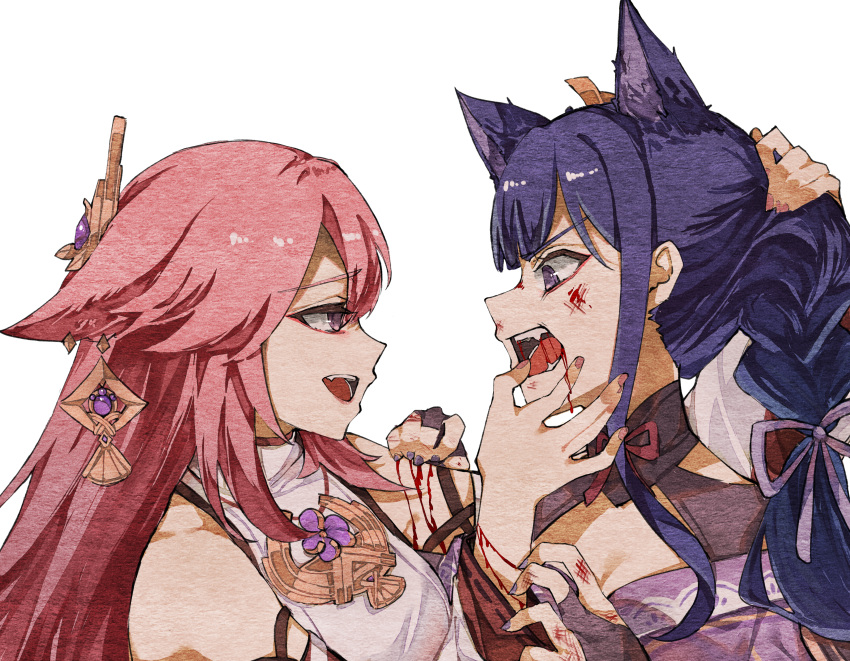 2girls absurdres animal_ears blood blood_in_mouth blood_on_arm blood_on_face blood_on_hands braid braided_ponytail detached_sleeves dog_ears eyebrows_visible_through_hair fangs finger_in_mouth fox_ears genshin_impact highres holding_another's_head japanese_clothes kimono long_hair miko multiple_girls obiage open_mouth pink_hair priestess purple_kimono purple_nails raiden_shogun scratches violet_eyes wide_sleeves yae_miko yunonon