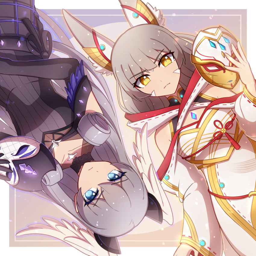 2girls animal_ears bangs blue_eyes blunt_bangs cat_ears enni facial_mark head_wings highres mask mask_removed melia_antiqua multiple_girls nia_(blade)_(xenoblade) nia_(xenoblade) short_hair silver_hair xenoblade_chronicles xenoblade_chronicles_(series) xenoblade_chronicles_2 xenoblade_chronicles_3 yellow_eyes