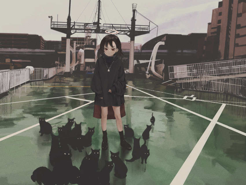 1girl black_footwear black_hair black_legwear black_sweater building cat city closed_mouth commentary daruma_karei full_body grey_sky halo highres jewelry long_sleeves looking_at_viewer necklace original outdoors railing red_eyes short_hair sleeves_past_wrists socks solo standing sweater too_many too_many_cats