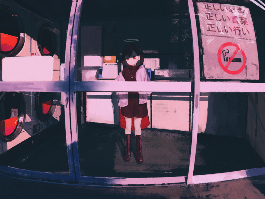 1girl black_sweater boots brown_footwear brown_hair closed_mouth commentary daruma_karei day full_body highres indoors jacket laundromat long_sleeves looking_at_viewer no_smoking original pink_jacket red_eyes short_hair solo sweater turtleneck turtleneck_sweater