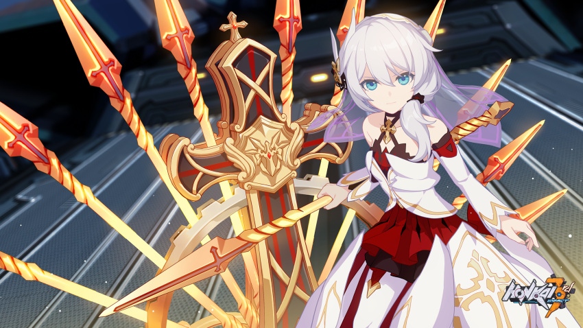 1girl bangs blue_eyes closed_mouth cross_(weapon) dress highres holding holding_polearm holding_weapon honkai_(series) honkai_impact_3rd long_hair looking_at_viewer nun official_art polearm side_ponytail solo spear theresa_apocalypse theresa_apocalypse_(celestial_hymn) weapon white_dress white_hair white_sleeves
