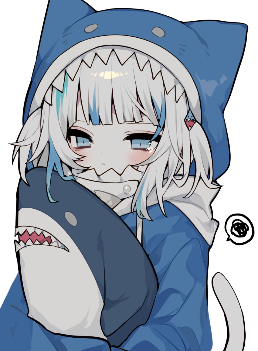 1girl :&lt; animal_ears animal_hood bangs blue_eyes blue_hoodie blush cat_ears cat_tail commentary drawstring gawr_gura hair_ornament highres holding holding_stuffed_toy hololive hololive_english hood hood_up hoodie ikea_shark looking_at_viewer shark_hair_ornament shark_hood sidelocks simple_background solo speech_bubble spoken_squiggle squiggle stuffed_animal stuffed_shark stuffed_toy tail tears two_side_up upper_body virtual_youtuber white_background white_hair yonako_(123456nya)