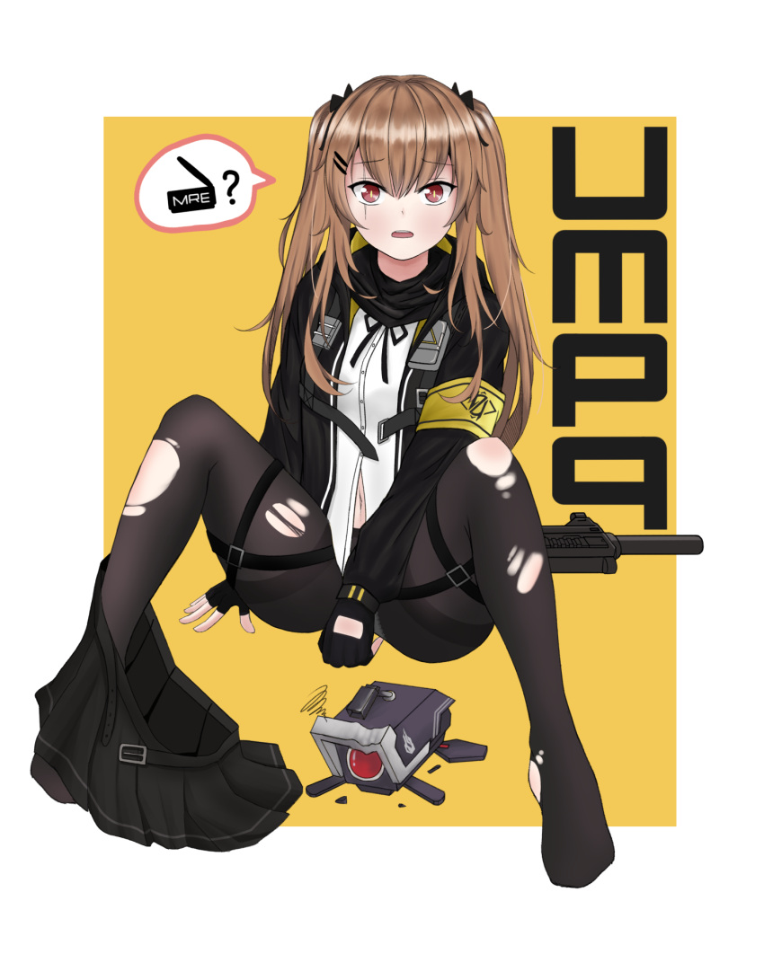 1girl bangs black_gloves black_jacket black_legwear black_scarf black_skirt blush bow brown_hair character_name dinergate_(girls'_frontline) eyebrows_visible_through_hair full_body girls_frontline gloves hair_bow hair_ornament hairclip hand_on_floor highres jacket long_hair looking_at_viewer no_shoes on_floor open_clothes open_jacket open_mouth paaam pantyhose partially_fingerless_gloves red_eyes scar scar_across_eye scarf shirt simple_background skirt skirt_removed solo spread_legs torn_clothes torn_legwear twintails ump9_(girls'_frontline) weapon_removed white_shirt