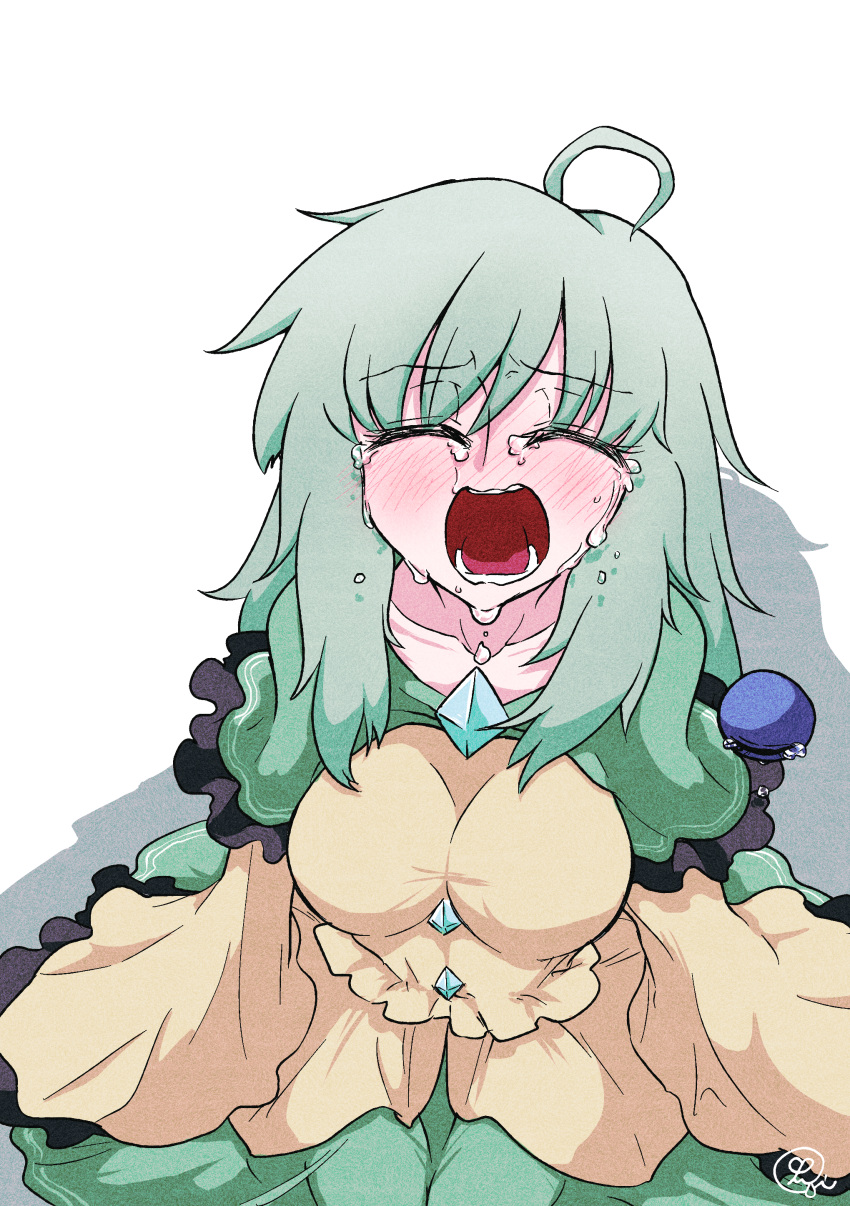 1girl absurdres ahoge alternate_hair_length alternate_hairstyle bangs blouse blush breasts buttons closed_eyes collared_blouse commentary_request crying diamond_button eyeball eyebrows_visible_through_hair frilled_shirt_collar frilled_sleeves frills frown furrowed_brow green_skirt highres komeiji_koishi large_breasts light_green_hair long_hair long_sleeves no_hat no_headwear open_mouth sad scavia10 signature simple_background skirt sleeves_past_fingers sleeves_past_wrists solo tears third_eye touhou wavy_hair white_background wide_sleeves yellow_blouse