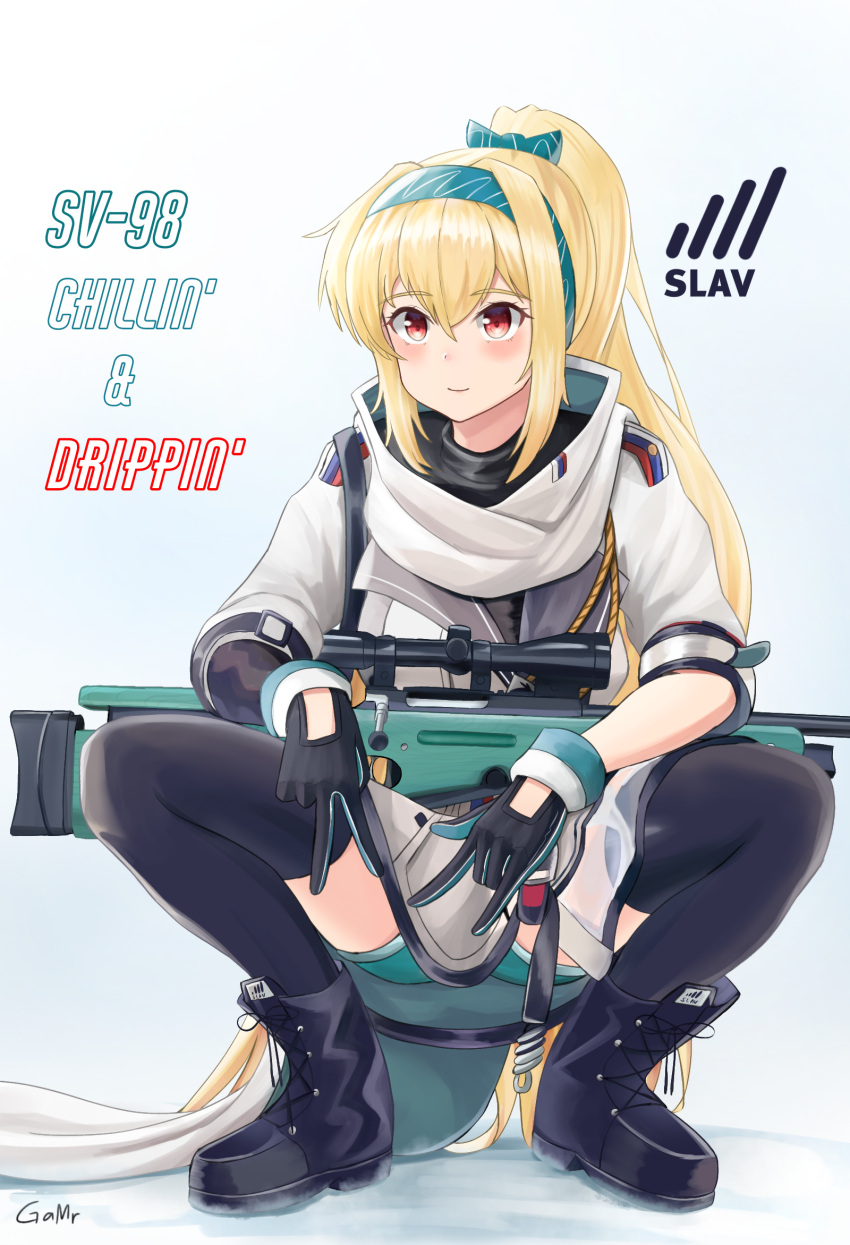 1girl artist_name black_bodysuit blonde_hair bodysuit bolt_action boots bow eyebrows_visible_through_hair gamryous girls_frontline gloves green_hairband gun hair_bow hairband highres jacket long_hair looking_at_viewer mod3_(girls'_frontline) multicolored_clothes multicolored_gloves ponytail red_eyes rifle russian_flag scarf slav_squatting solo sv-98 sv-98_(girls'_frontline) thigh-highs turtleneck v weapon white_jacket white_scarf