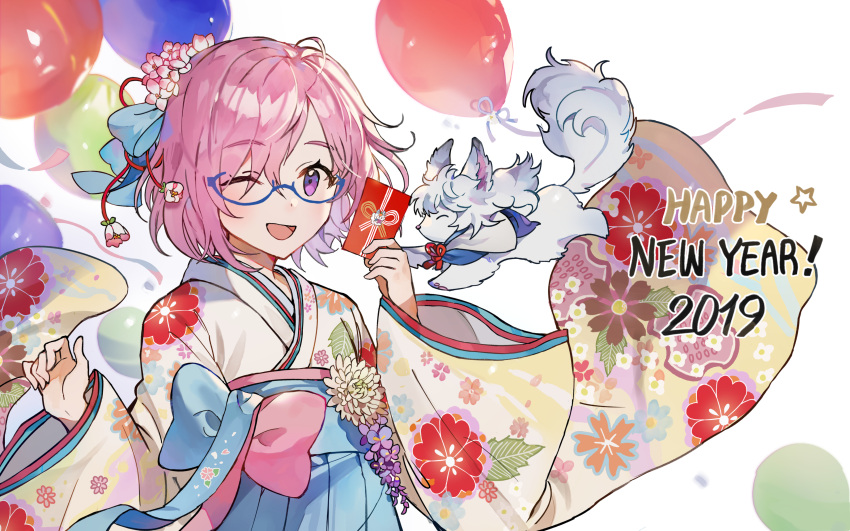 1girl 2019 absurdres balloon bangs blush eyebrows_visible_through_hair fate/grand_order fate_(series) fou_(fate) glasses gompang hairornaments happy_new_year highres japanese_clothes kimono looking_at_viewer mash_kyrielight new_year open_mouth pink_hair smile solo violet_eyes