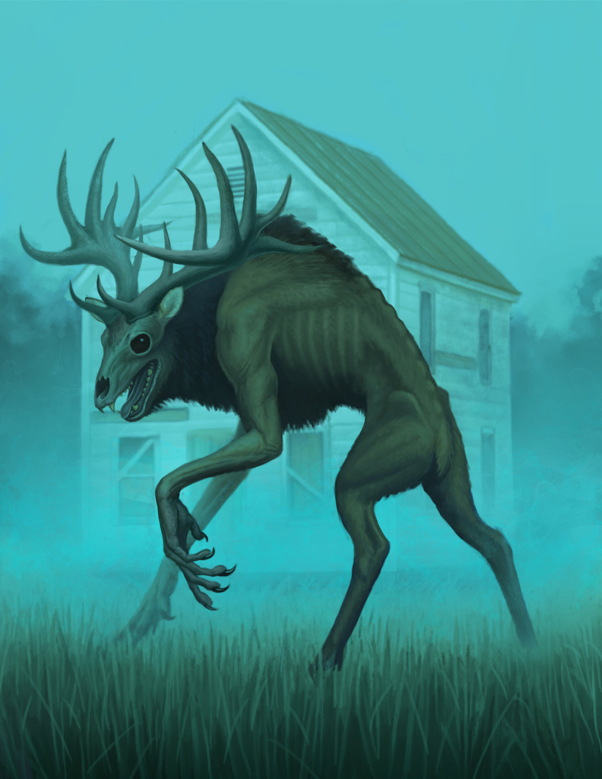 absurdres animal_ears black_eyes claws creature creature_and_personification dane_cozens deer deer_antlers deer_ears fangs fangs_out fog forest furry grass highres horns house monster monsterification nature original skinny skull