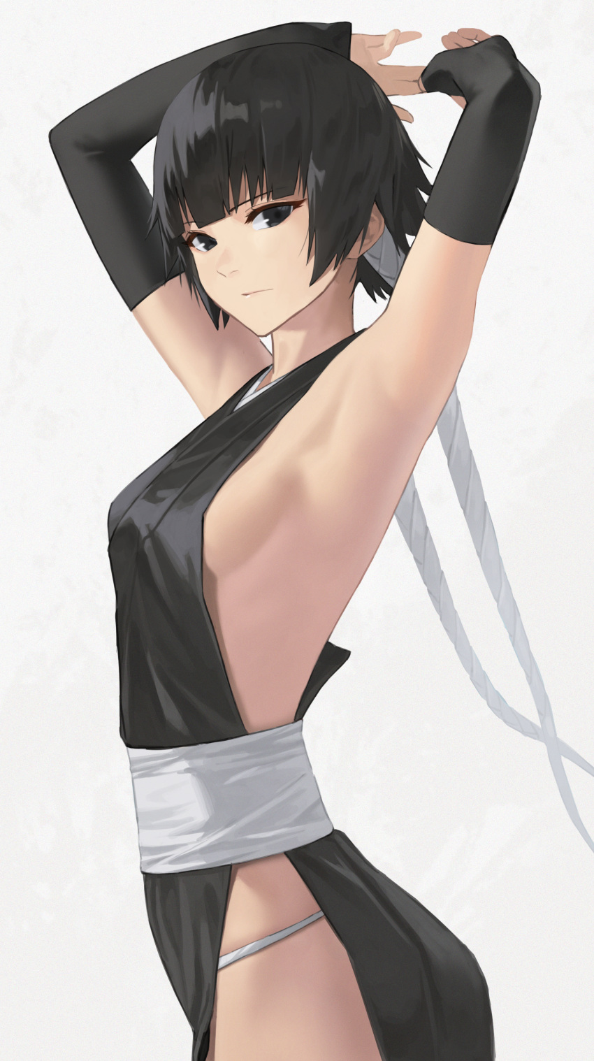 1girl absurdres armpits bangs black_eyes black_hair bleach breasts closed_mouth cowboy_shot detached_sleeves eyebrows_visible_through_hair hara_kenshi highres looking_at_viewer obi panties revealing_clothes sash sideboob sideless_outfit simple_background sleeves_past_wrists small_breasts solo sui-feng underwear white_background white_panties