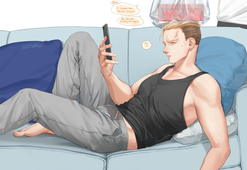 1boy ? anger_vein blonde_hair brown_eyes brown_hair couch english_text feet_out_of_frame grey_pants hair_strand highres holding holding_phone lying male_focus midriff_peek o3tofu on_back on_couch pants pectorals phone porco_galliard shingeki_no_kyojin short_hair sidepec solo_focus text_messaging toned toned_male