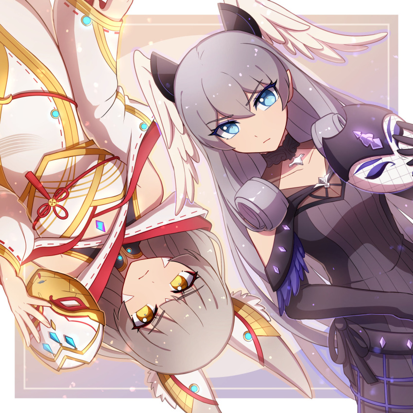 2girls animal_ears bangs blue_eyes blunt_bangs cat_ears enni facial_mark head_wings highres mask mask_removed melia_antiqua multiple_girls nia_(blade)_(xenoblade) nia_(xenoblade) short_hair silver_hair xenoblade_chronicles xenoblade_chronicles_(series) xenoblade_chronicles_2 xenoblade_chronicles_3 yellow_eyes