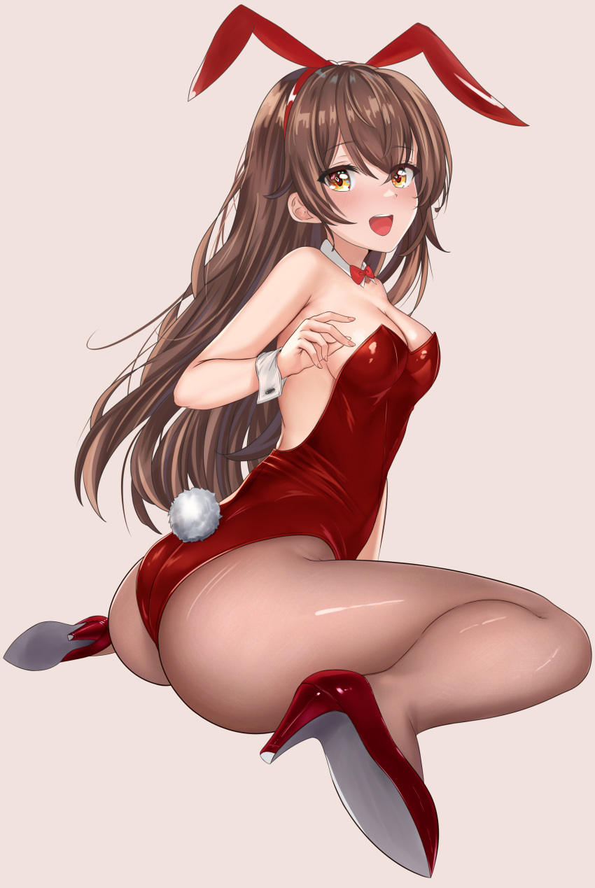 1girl :d absurdres amber_(genshin_impact) animal_ears ass bow bowtie breasts brown_eyes brown_hair cetta_(cettadvd) detached_collar eyebrows_visible_through_hair fake_animal_ears genshin_impact hair_between_eyes high_heels highres leotard long_hair medium_breasts pantyhose playboy_bunny rabbit_ears rabbit_tail red_bow red_bowtie red_footwear red_leotard simple_background sitting smile solo tail wariza wrist_cuffs