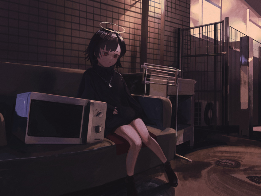 1girl air_conditioner black_footwear black_hair black_sweater commentary couch daruma_karei full_body halo highres indoors jewelry knees_together_feet_apart long_sleeves microwave necklace on_couch original red_eyes short_hair sitting sleeves_past_wrists solo sweater tile_wall tiles
