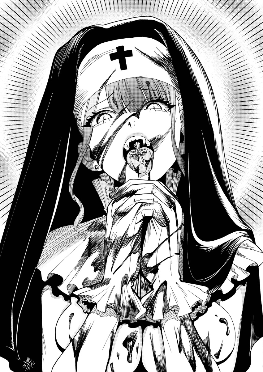 1girl absurdres bangs blood blood_on_face blunt_bangs breasts cross earrings fangs forked_tongue gloves green_eyes greyscale highres jewelry long_hair looking_at_viewer monochrome nun open_mouth original own_hands_together praying solo teeth tongue tongue_out vampire veil yonei_kaoru