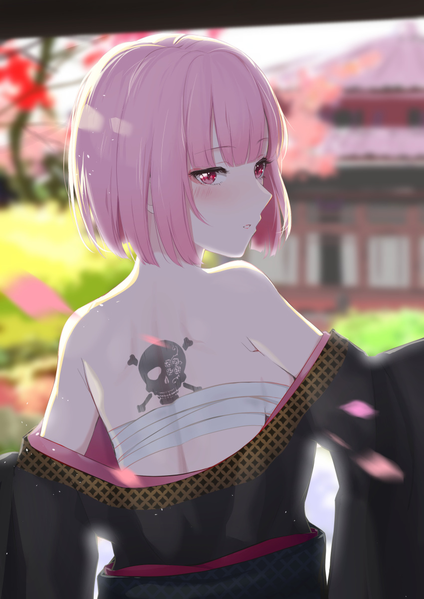 1girl absurdres back_tattoo black_kimono blurry blurry_background blush breasts cherry_blossoms day freesia_(yueyueycw1) from_behind highres hololive hololive_english japanese_clothes kimono looking_at_viewer looking_back medium_breasts mori_calliope motion_blur open_mouth outdoors pink_hair red_eyes sarashi short_hair shoulder_blades sideboob solo straight_hair tattoo upper_body virtual_youtuber