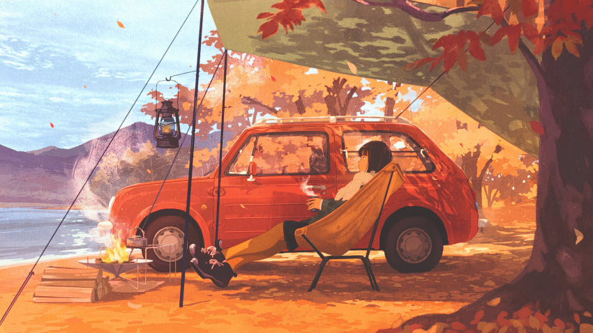 1girl absurdres autumn autumn_leaves bangs black_footwear black_hair car chair clouds cloudy_sky commentary_request crossed_ankles cup dappled_sunlight fire from_side gemi ground_vehicle highres holding holding_cup lake lantern motor_vehicle mountain original outdoors shoes short_hair sitting sky smoke sneakers solo sunlight tree