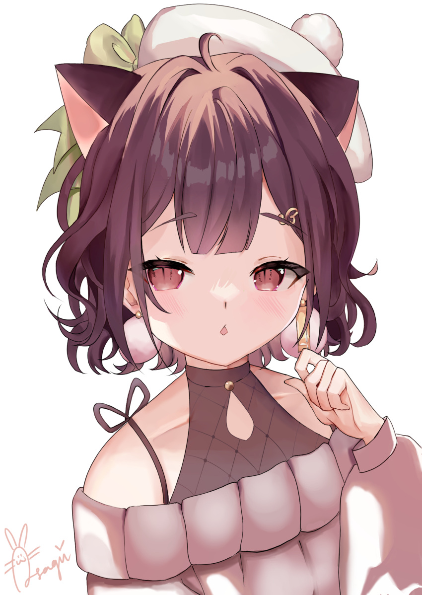 1girl :o alternate_breast_size animal_ears beret blush brown_hair cat_ears collarbone earrings flat_chest grey_sweater halter_top halterneck hat highres jewelry kemonomimi_mode miori_celesta off-shoulder_sweater off_shoulder official_alternate_costume open_mouth pink_eyes pom_pom_(clothes) portrait short_hair solo sweater tsunderia usa_(yameusa) virtual_youtuber white_background white_headwear